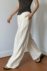 White Linen Blend Wide Leg Casual Pants