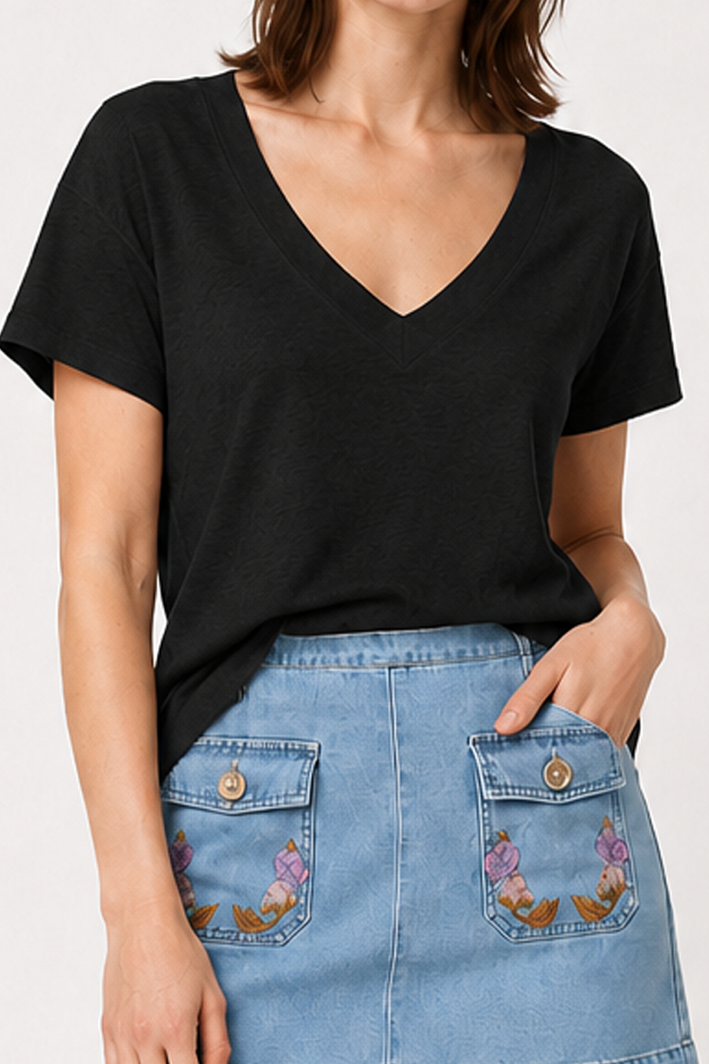 Minimalist Solid Deep V Neck Slub Cotton Loose T-shirt
