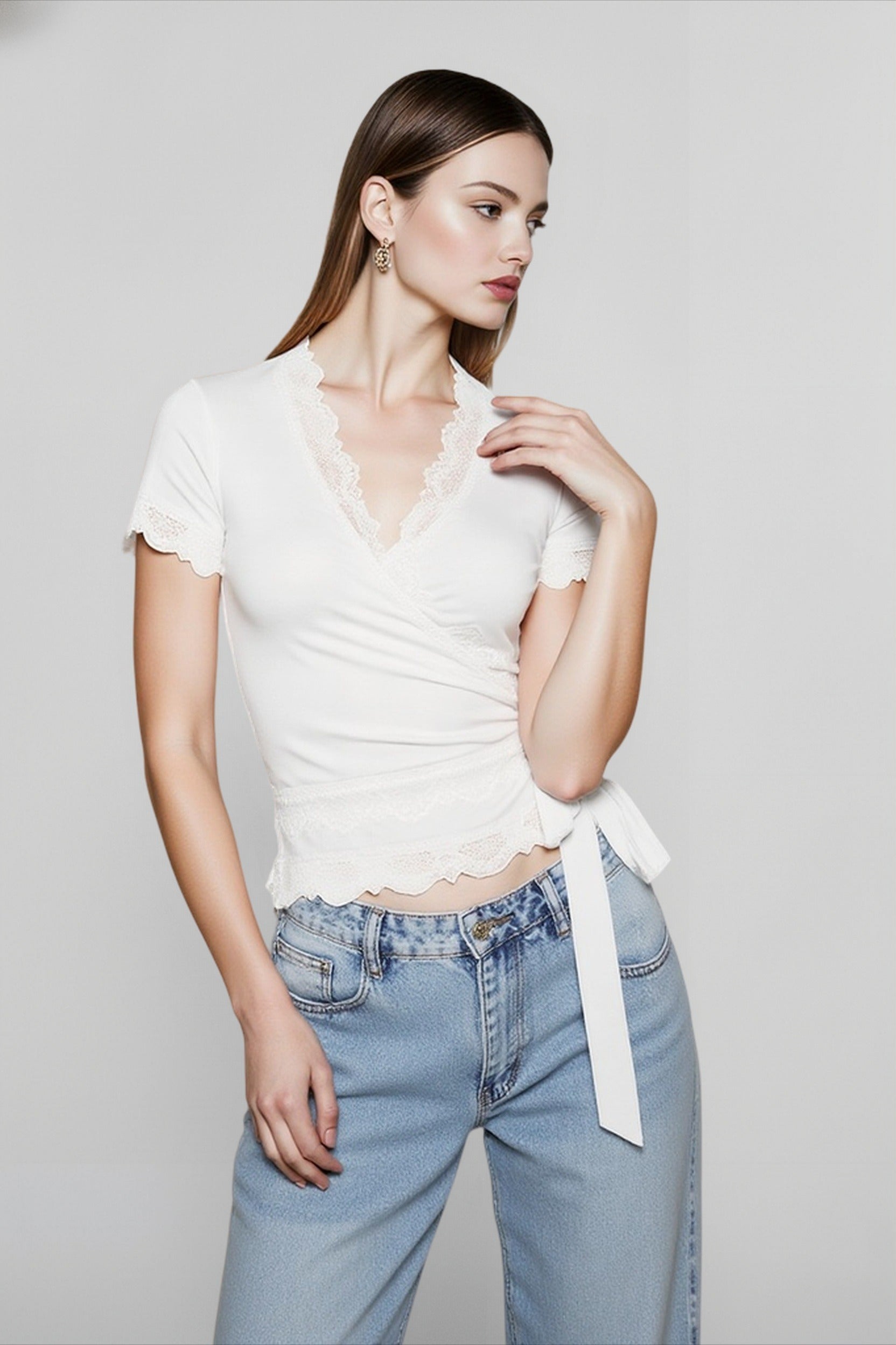 Lace Trim V Neck Tie T-shirts