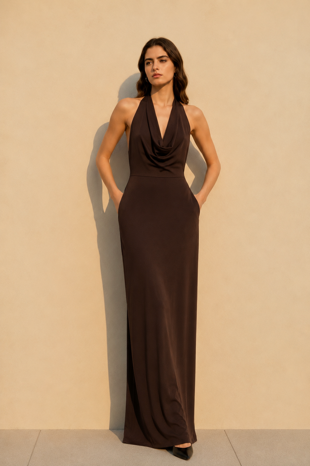 Brown Halter Backless Maxi Party Dress