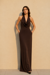Brown Halter Backless Maxi Party Dress