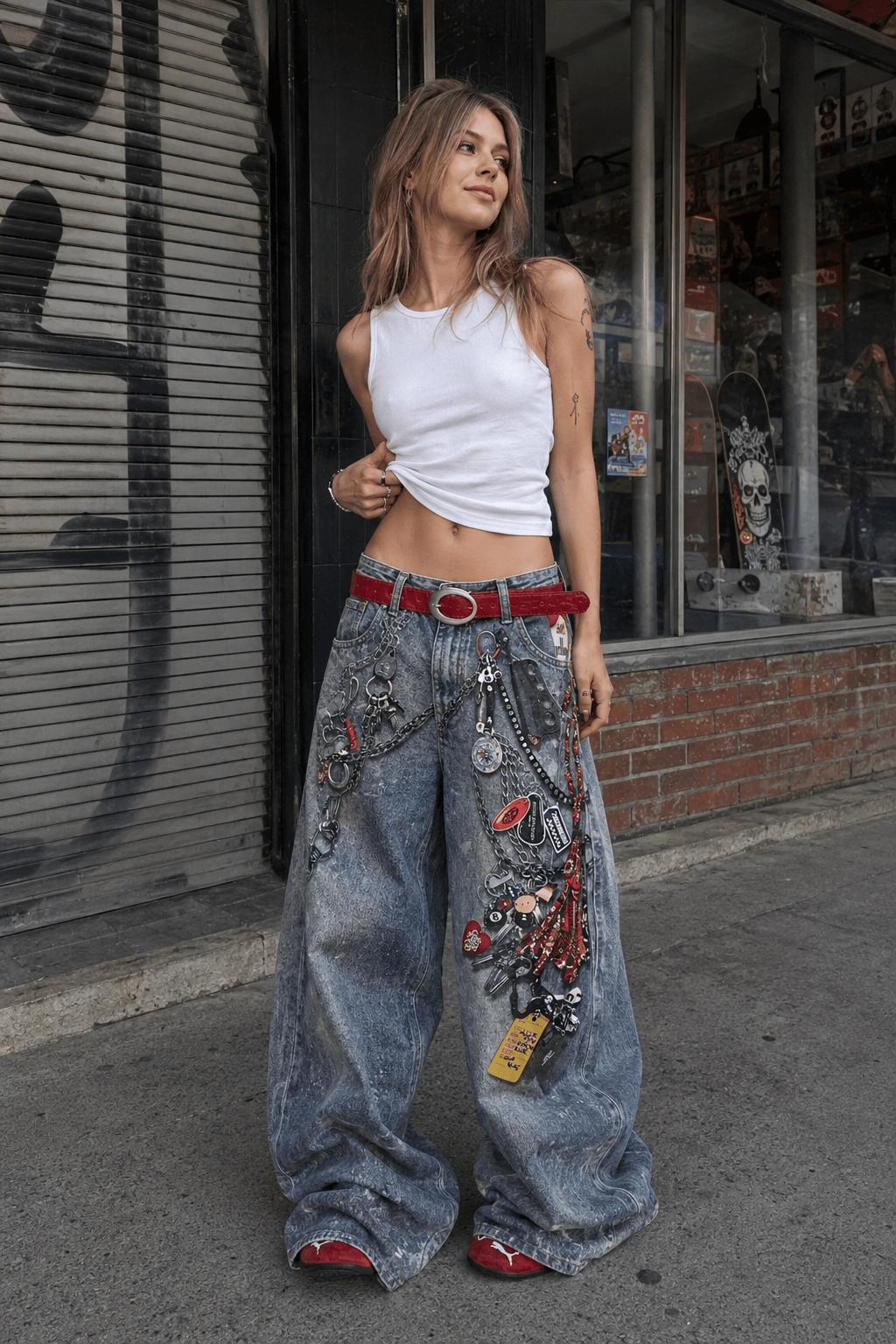 High Street 3D Chain Print Loose Wide Leg Jeans