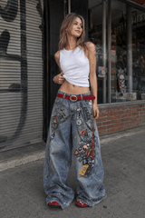 High Street 3D Chain Print Loose Wide Leg Jeans