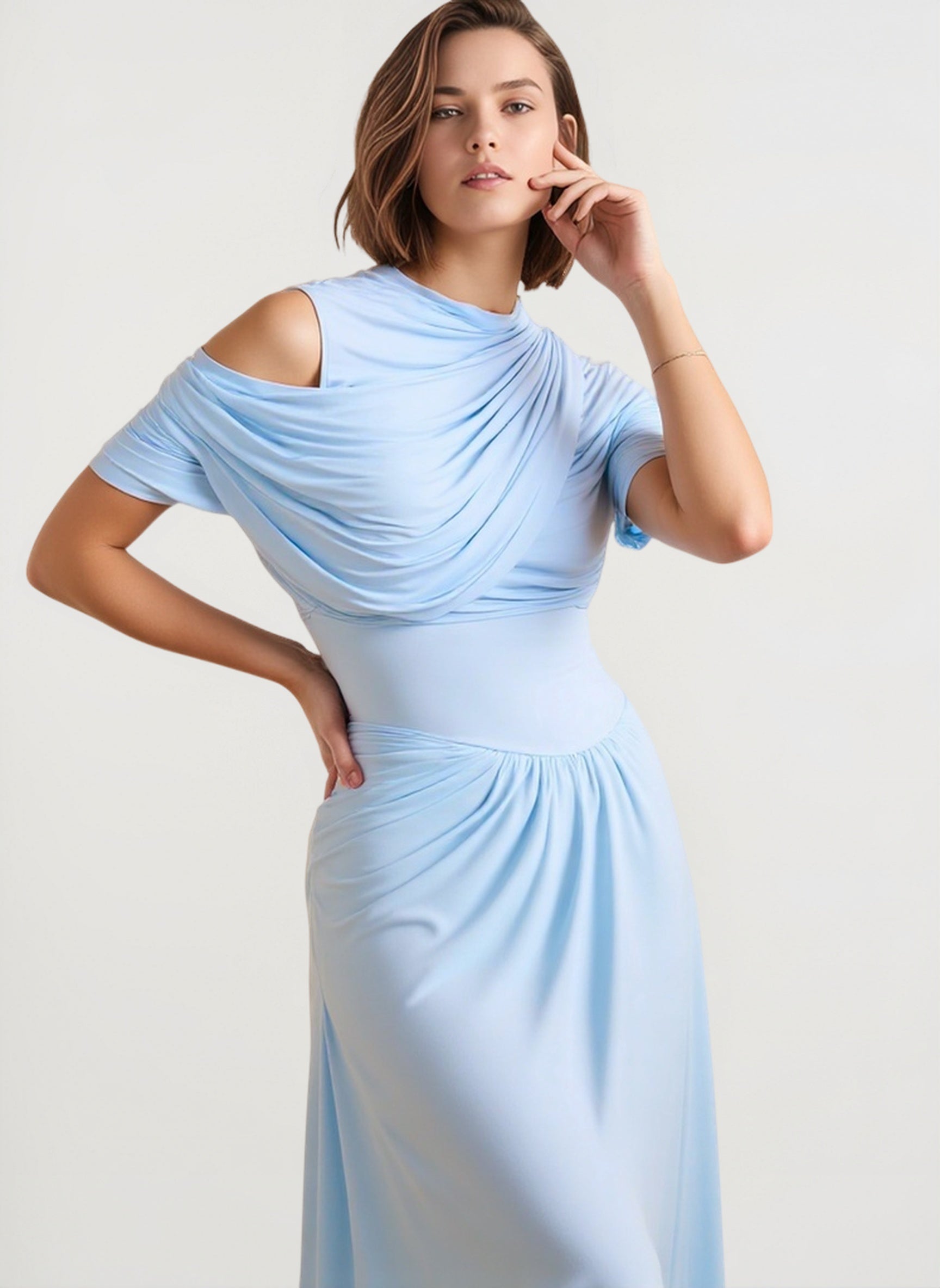 Shawl Ruched Solid Elegant Maxi Dress