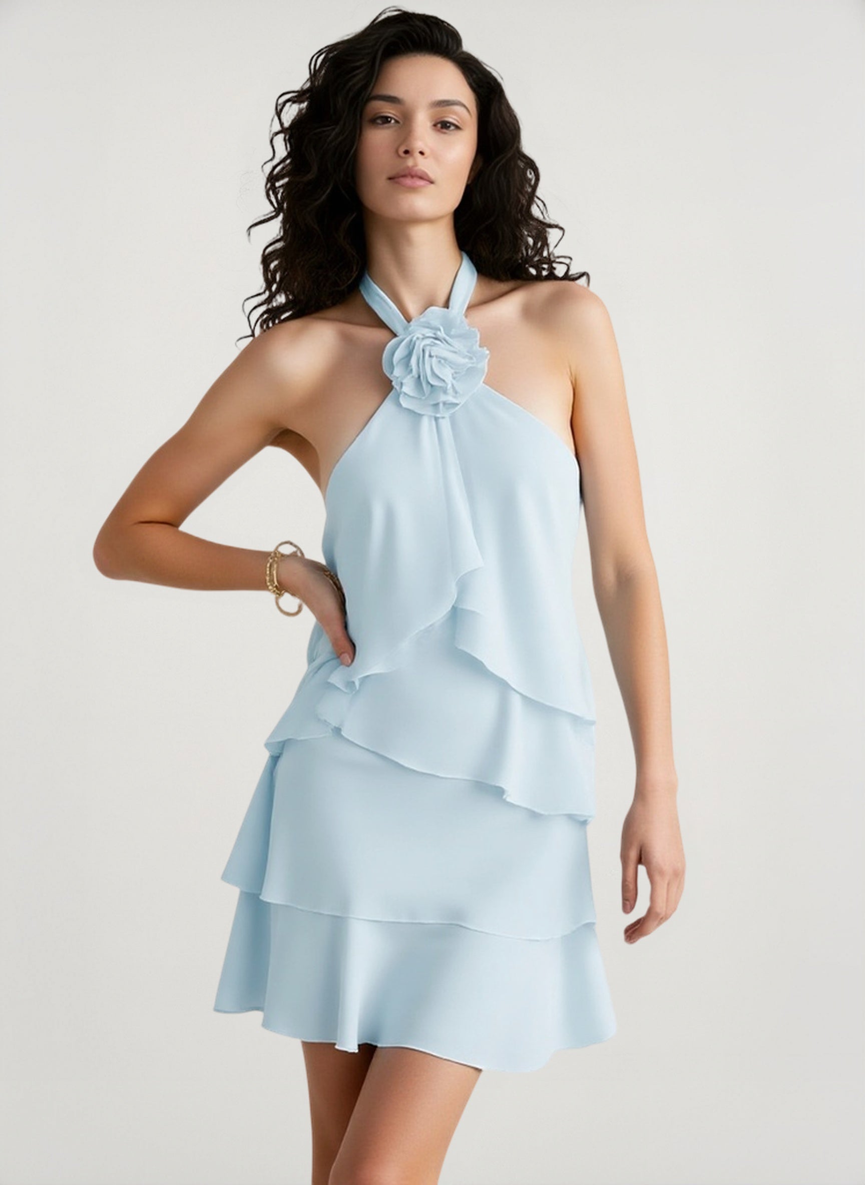 Halter Backless Floral Ruffle Mini Dress