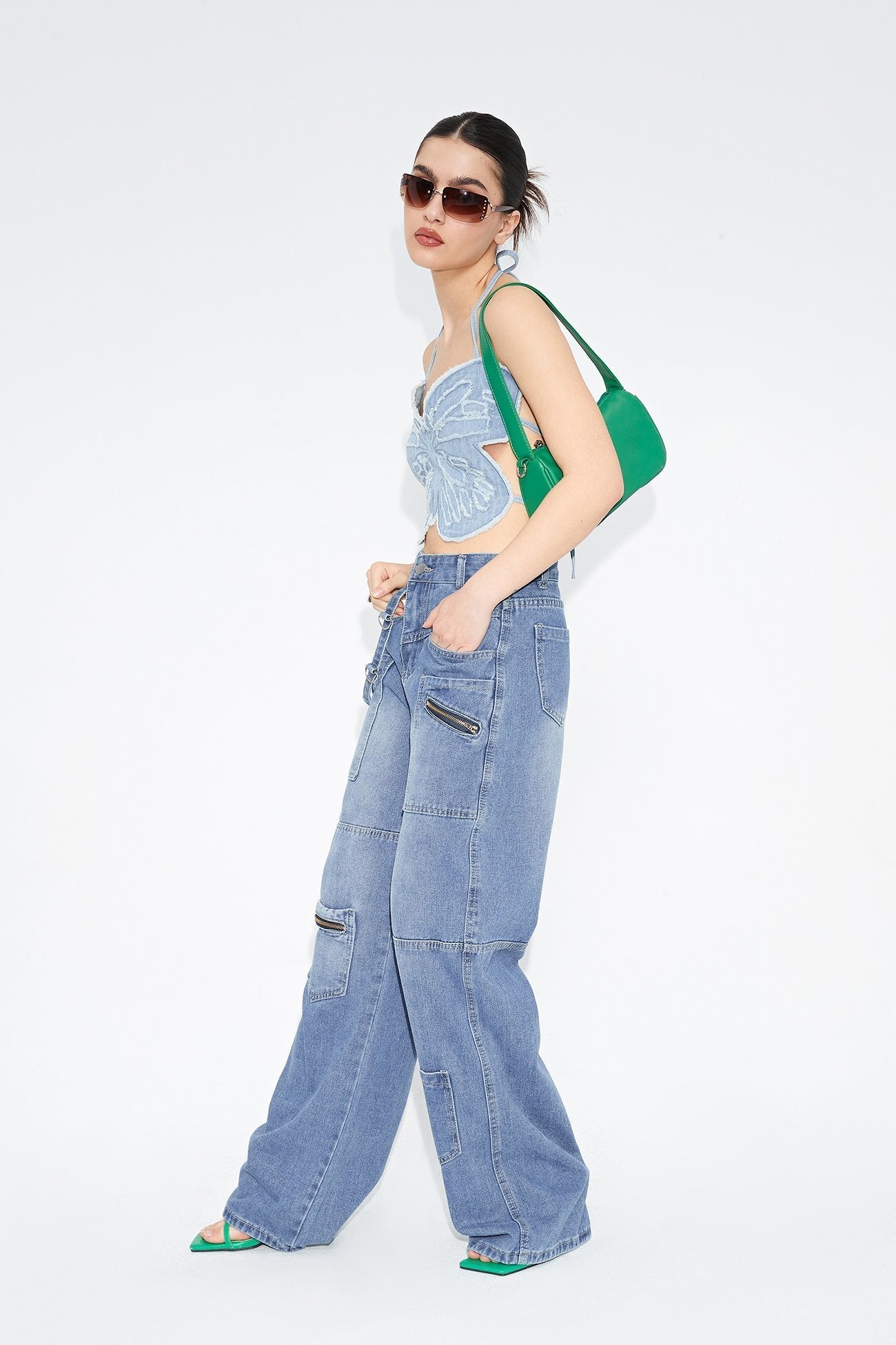 Low Waist Pocket Patched Wide Leg Jeans