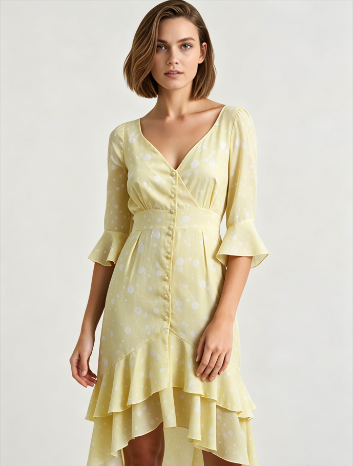 Asymmetric Ruffled Sleeve High Waist Floral Dress