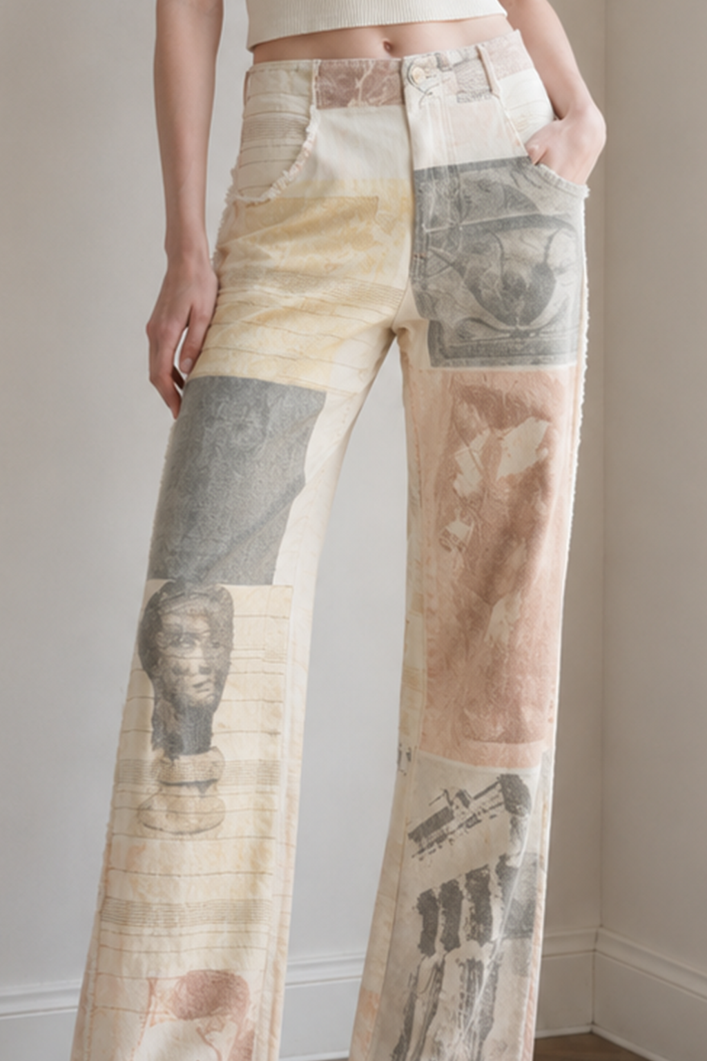 Vintage Newspaper Print Straight Leg Jeans