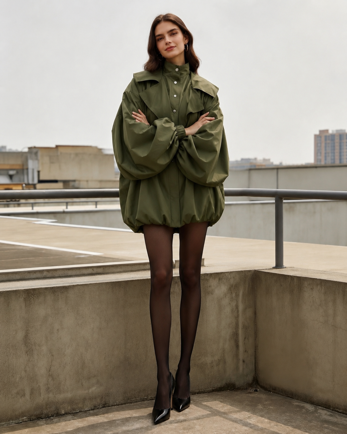 Retro Green Unique Oversized Slim Fake Two Piece Trench Jacket
