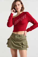 Off Shoulder Rhinestone Fitted T-shirts