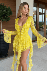Lace Ruffle Tie Long Sleeve Mini Dress