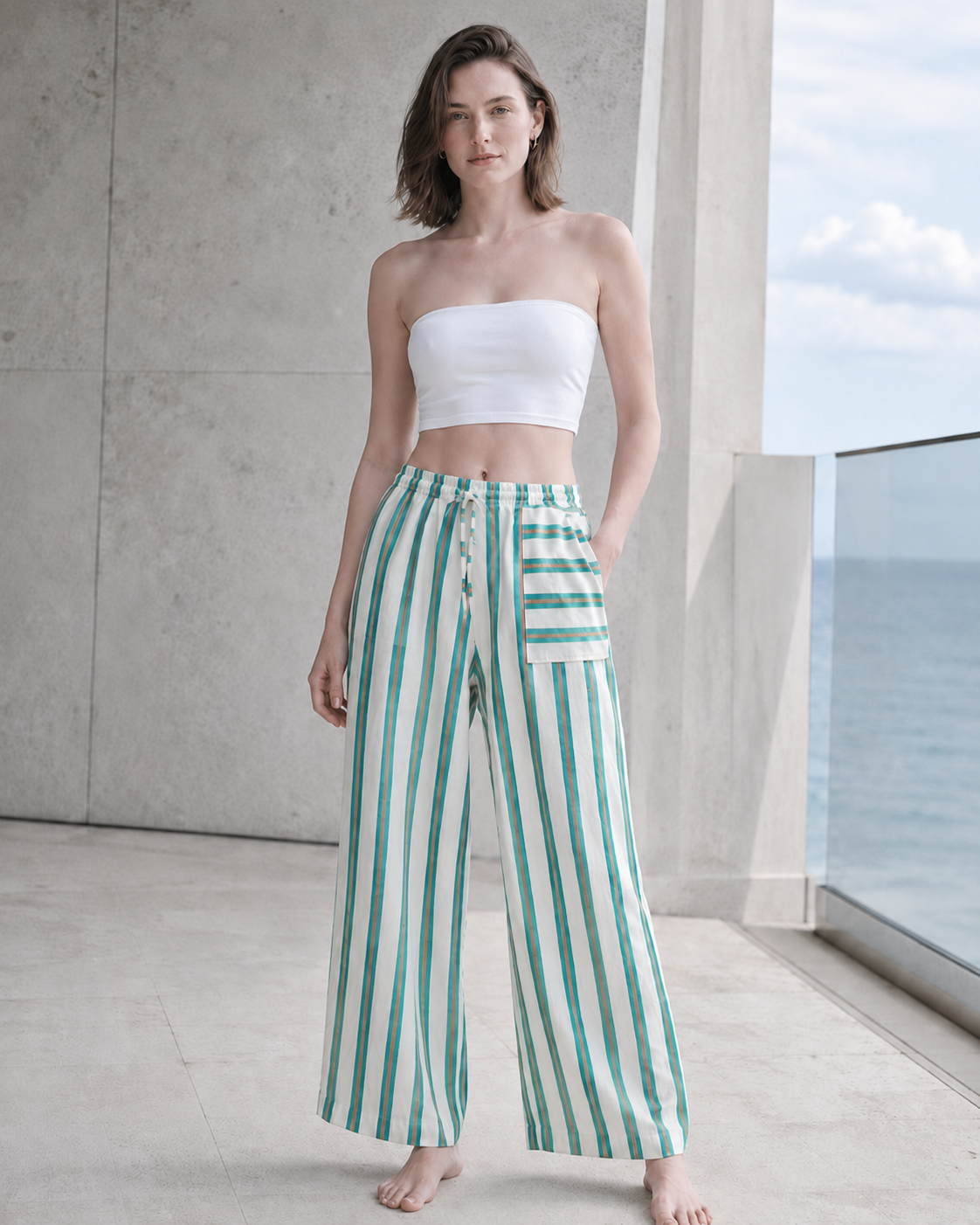 Beach Style Striped Drawstring Wide Leg Pants