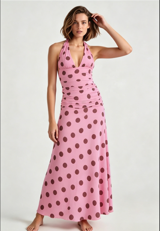 Vintage Polka Dot Halter V-neck Maxi Dress