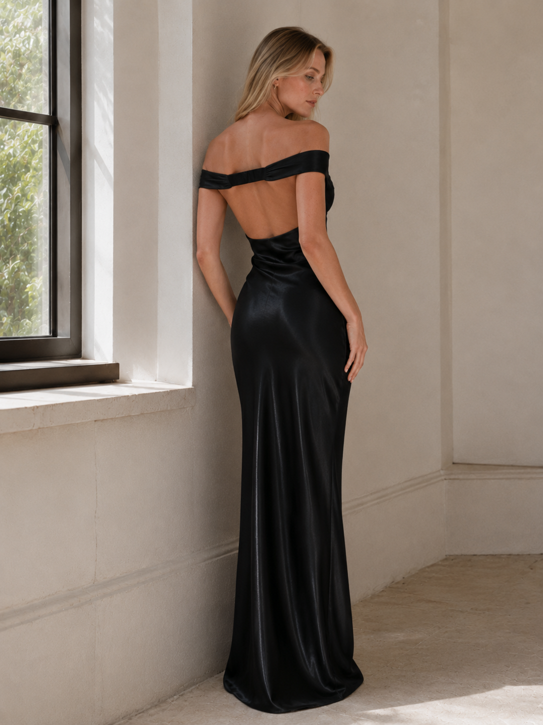 Vintage Satin Mermaid Off Shoulder Maxi Dress