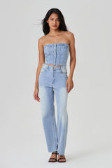 Off Shoulder Button Front Shirred Crop Top