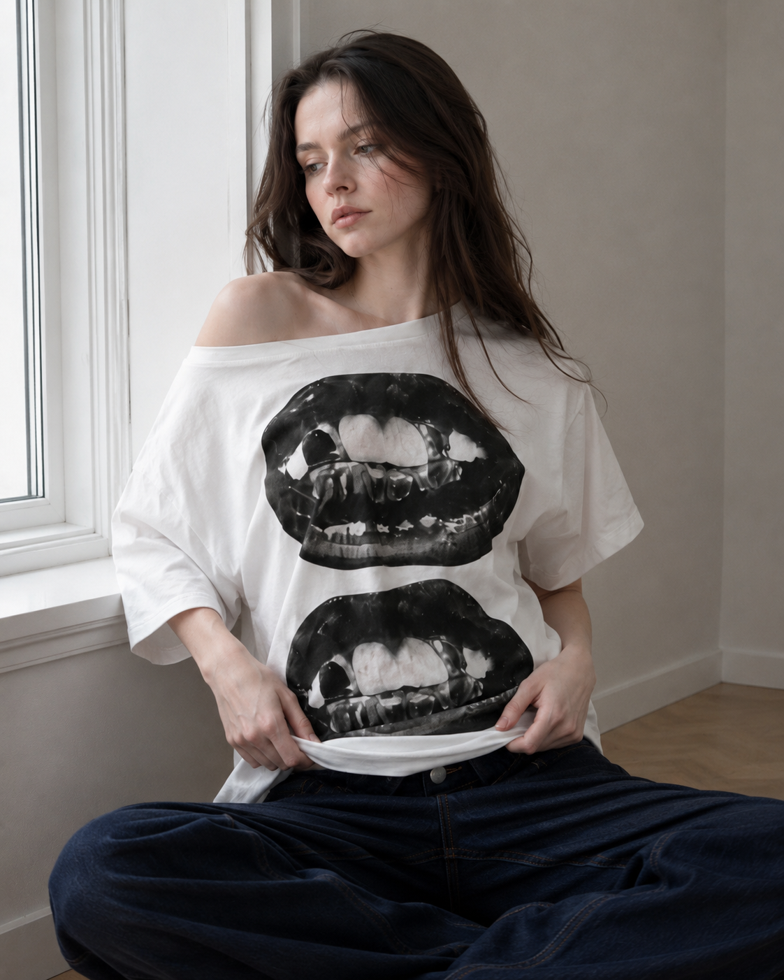 Hip Hop Lip Print Asymmetric Neck Sexy T-shirt