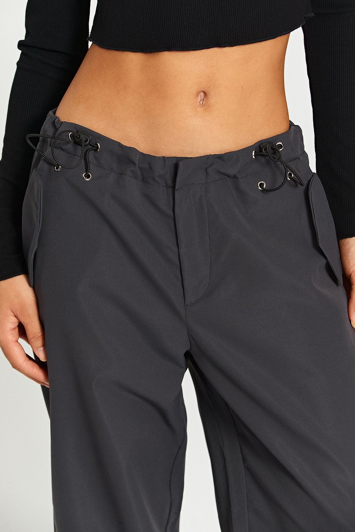 Low Waist Drawstring Solid Cargo Pants