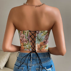 Abstract Print Lace Up Backless Tube Crop Top
