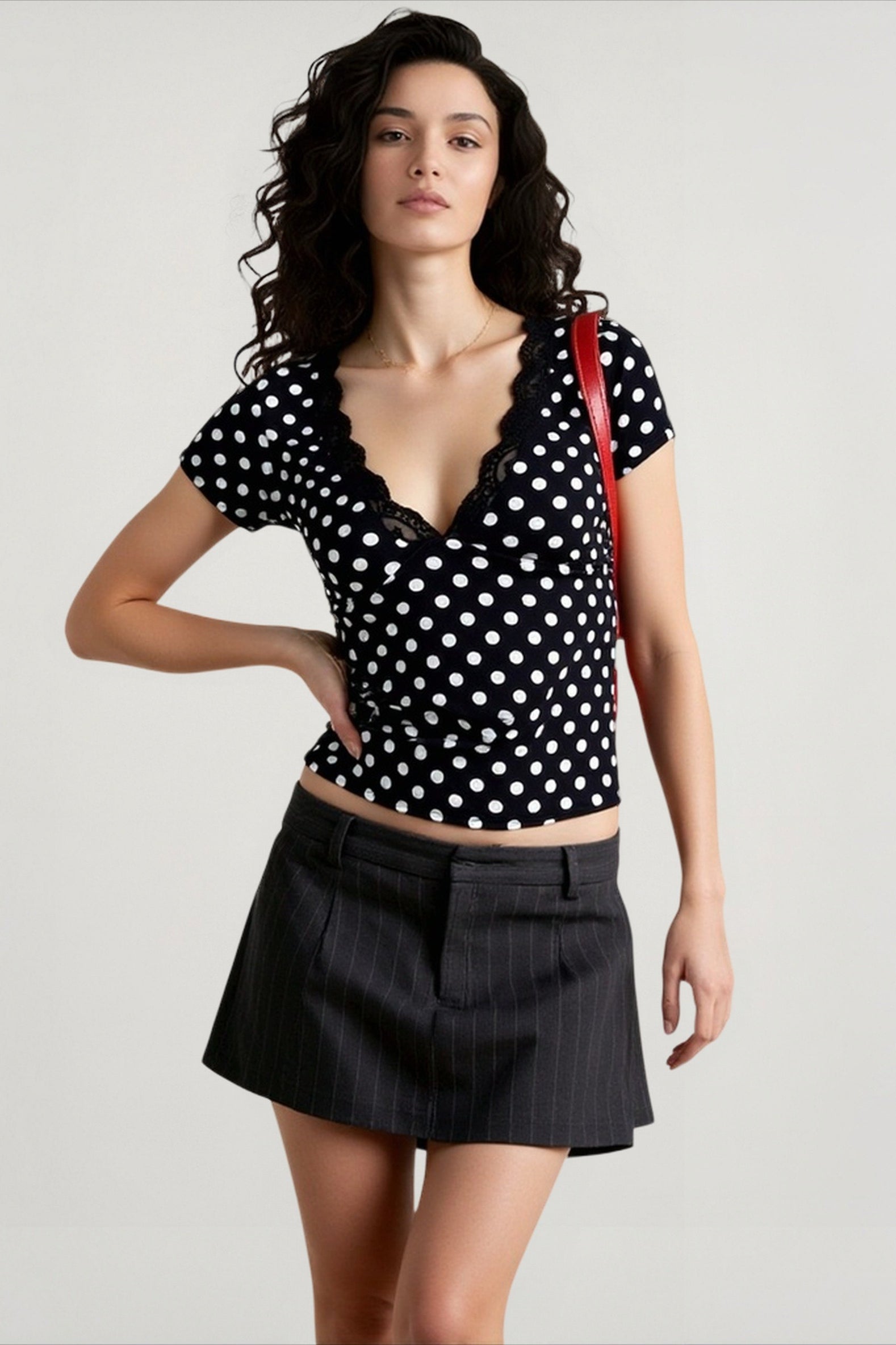 Sexy Colorblock Dot V Neck T-shirts