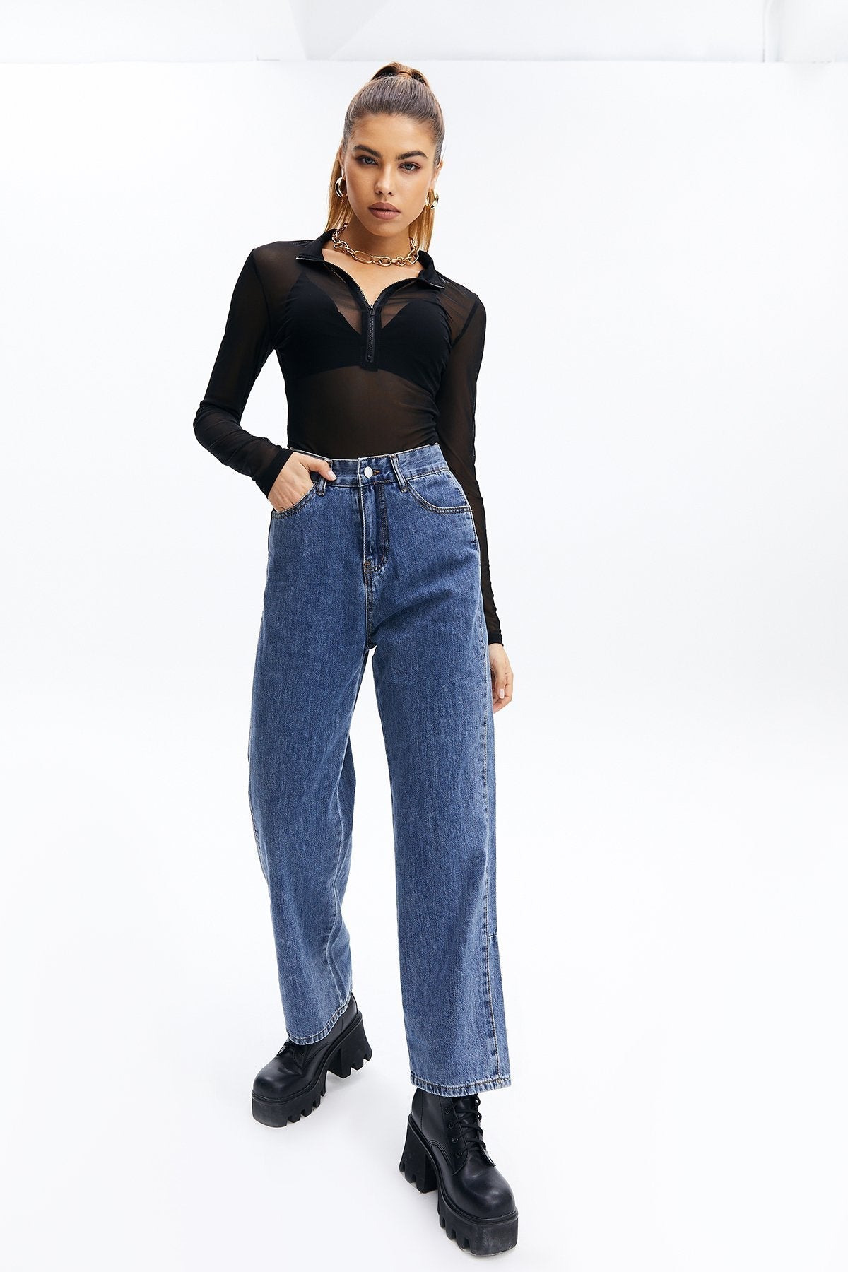 Mesh Half Zipper Solid Bodysuit