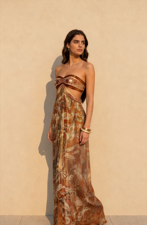 Strapless Lace Up Pleated Boho Dress