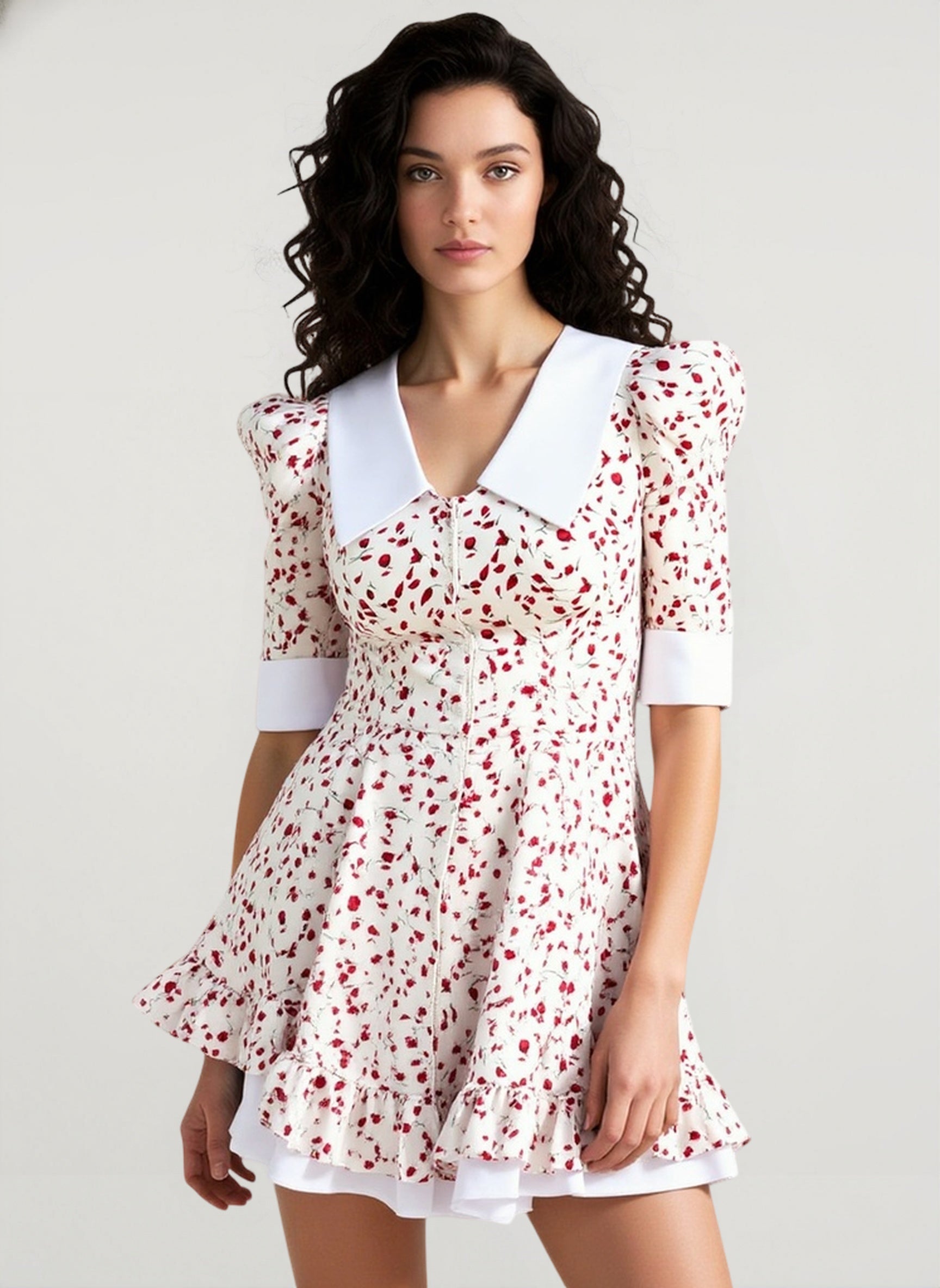 V-Neck Floral Puff Sleeve Babydoll Mini Dress