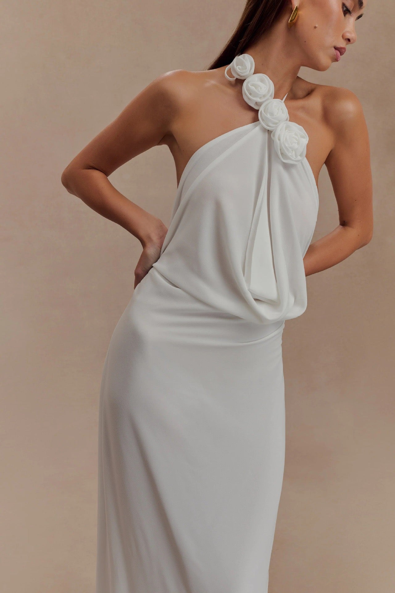 Satin Rosette Decor Halter Long Dress
