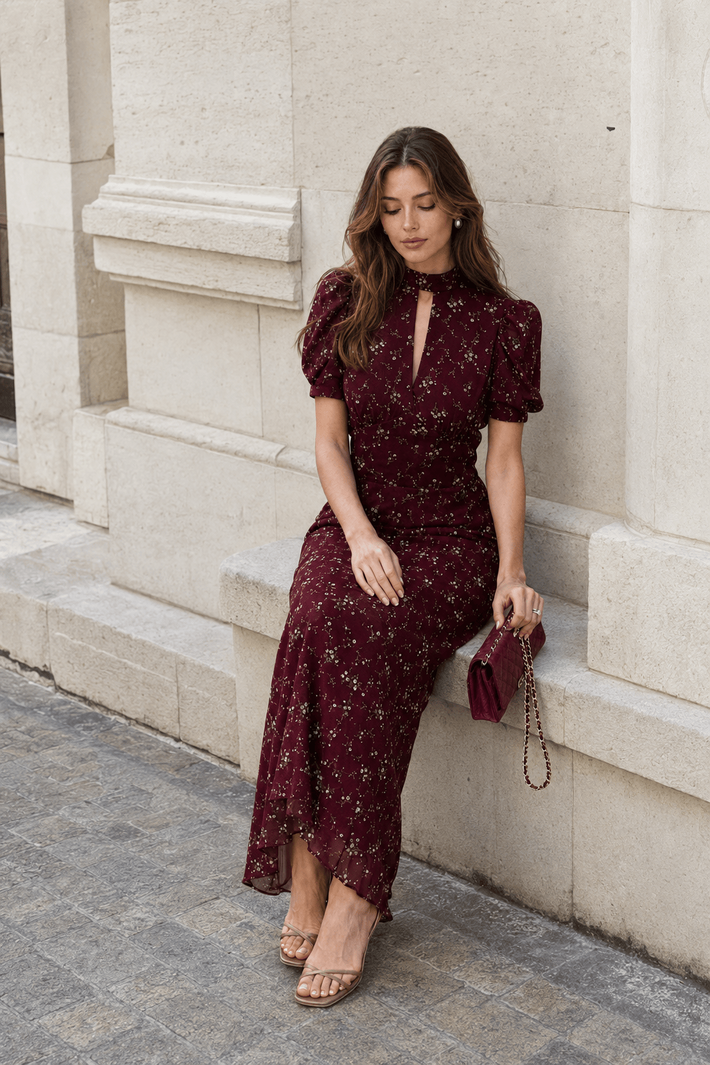 Elegant Floral Deep V Bodycon Maxi Dress