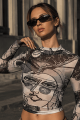 Sexy Sheer Mesh Print Round Neck Long Sleeve Blouse