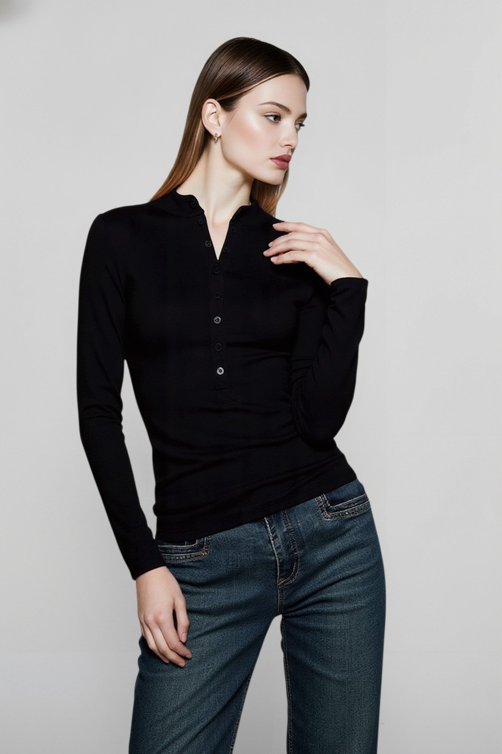 Fitted Henley Button Slim Crew Neck Long Sleeve Blouse
