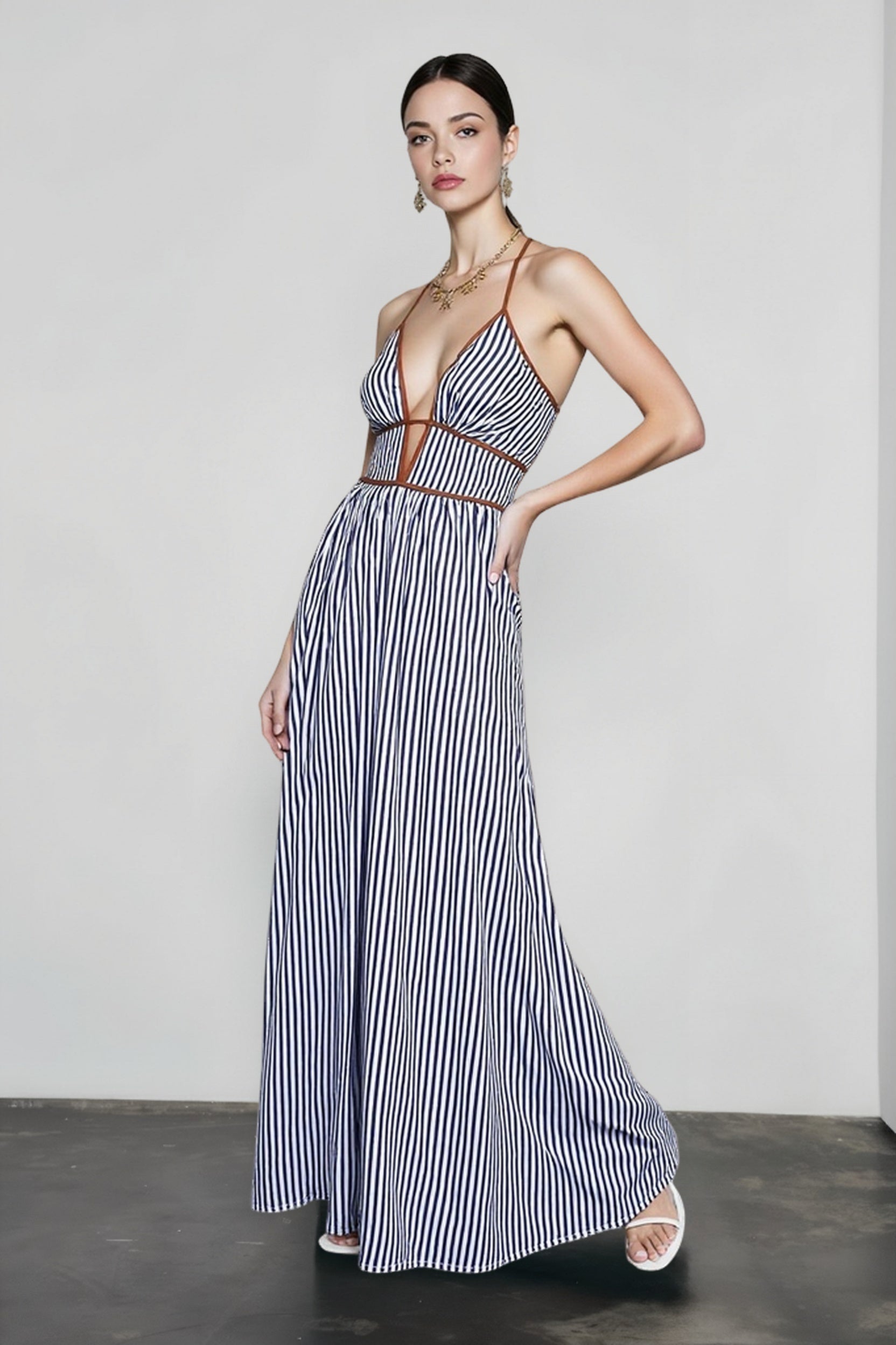 Deep V Striped Halter Vacation Dress