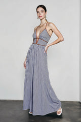 Deep V Striped Halter Vacation Dress