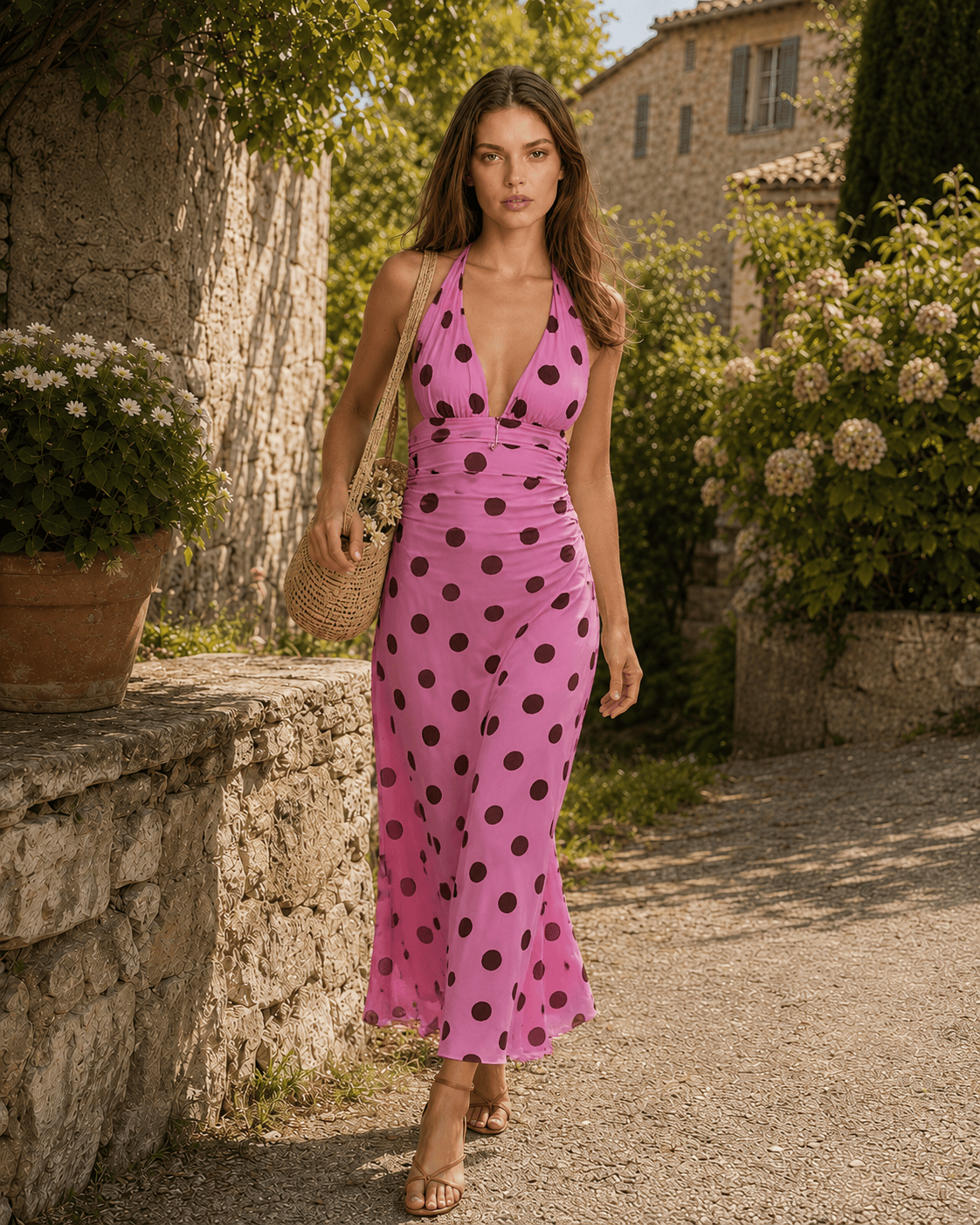Polka Dot Halter V-Neck Color Block Bodycon Maxi Dress
