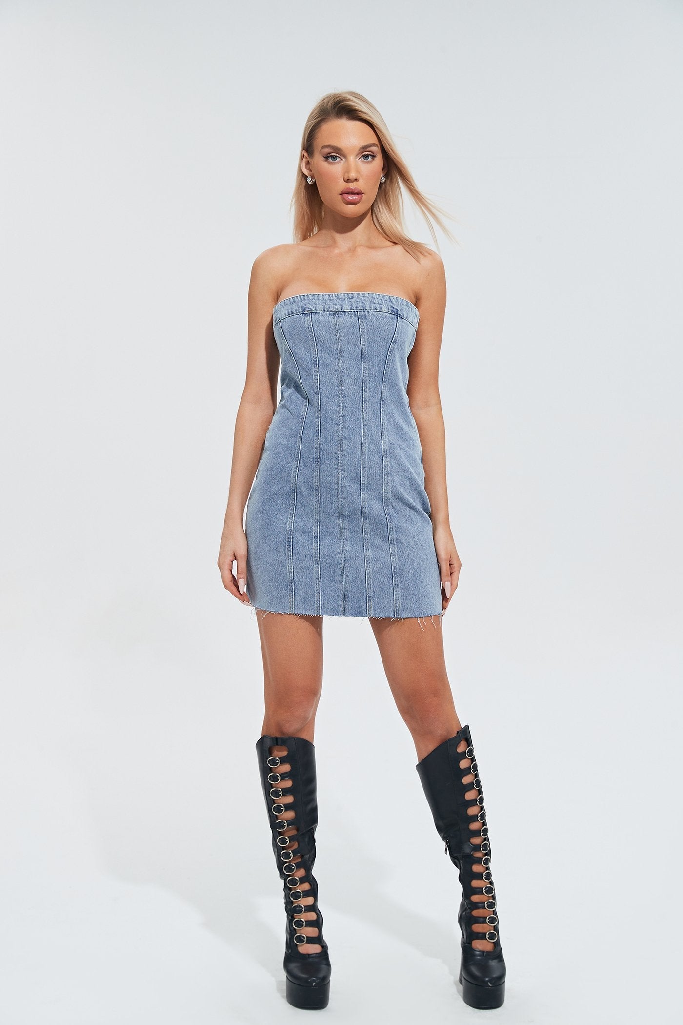 Off Shoulder Raw Hem Cinched Waist Denim Dress