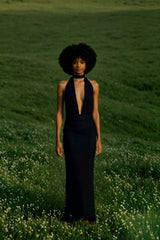 V Neck Halter Backless Solid Slit Formal Dress