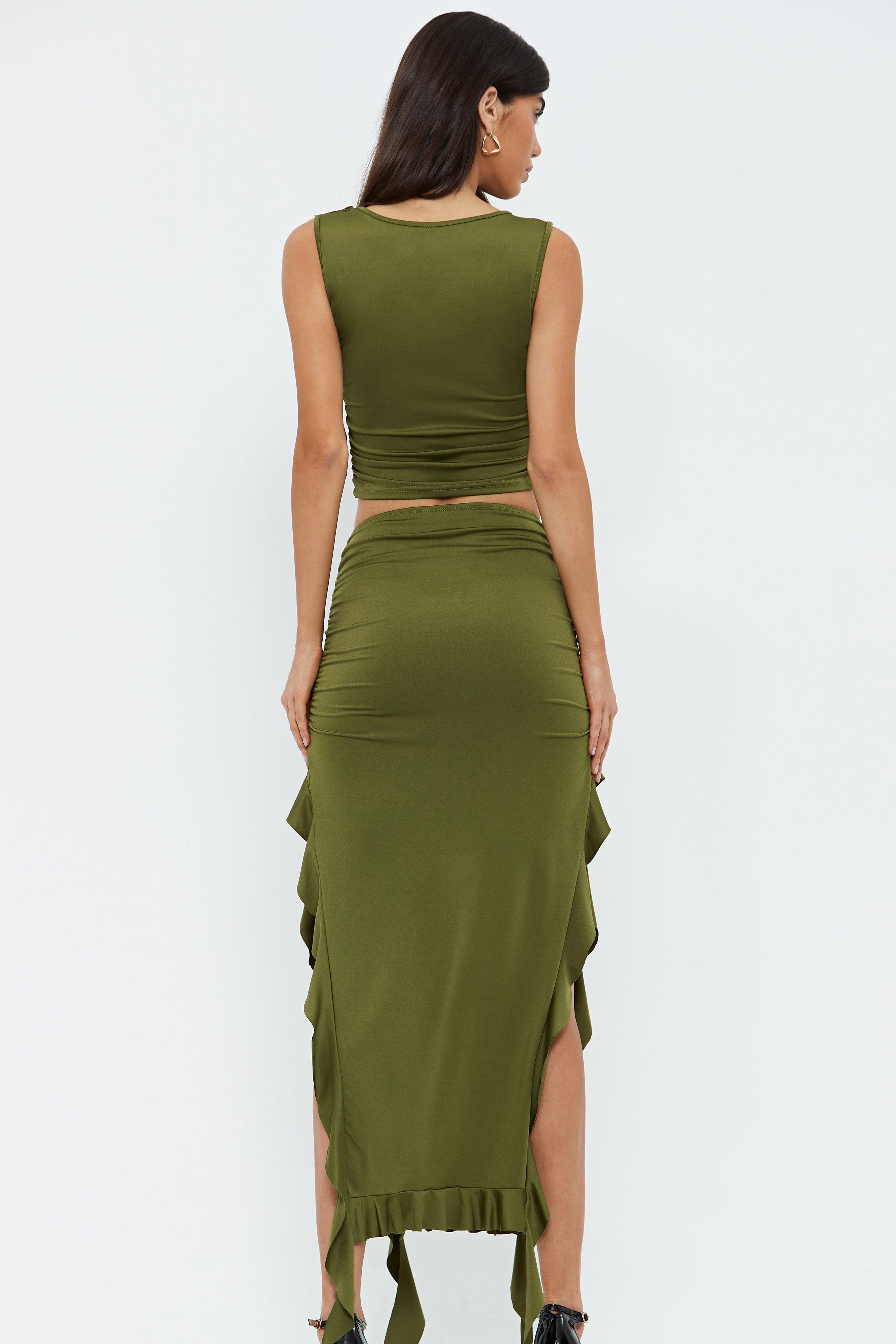 Ruffle Trim Sleeveless Crop Top & Split Hem Skirt Set