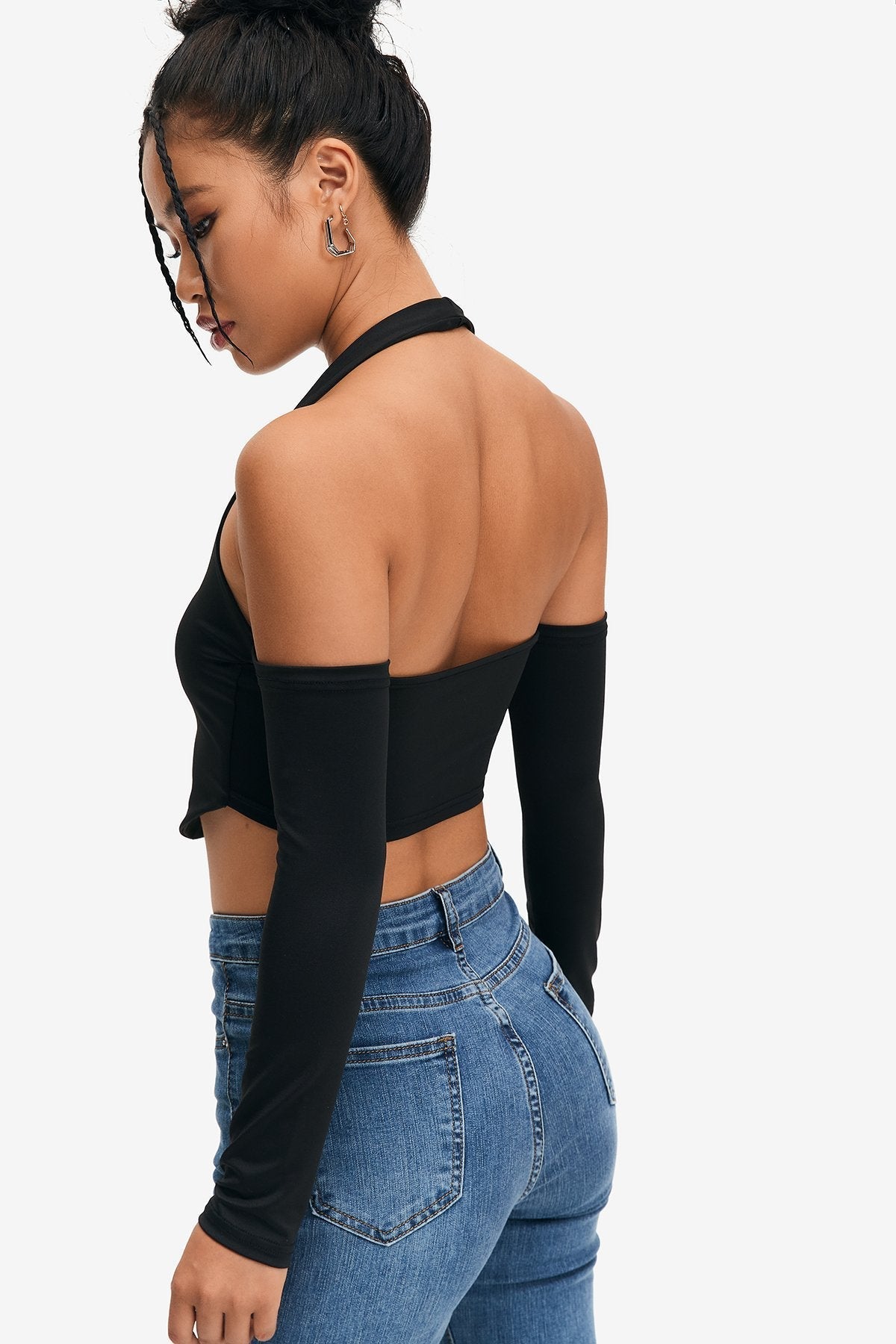 Cold Shoulder Backless Curved Hem Crop Top