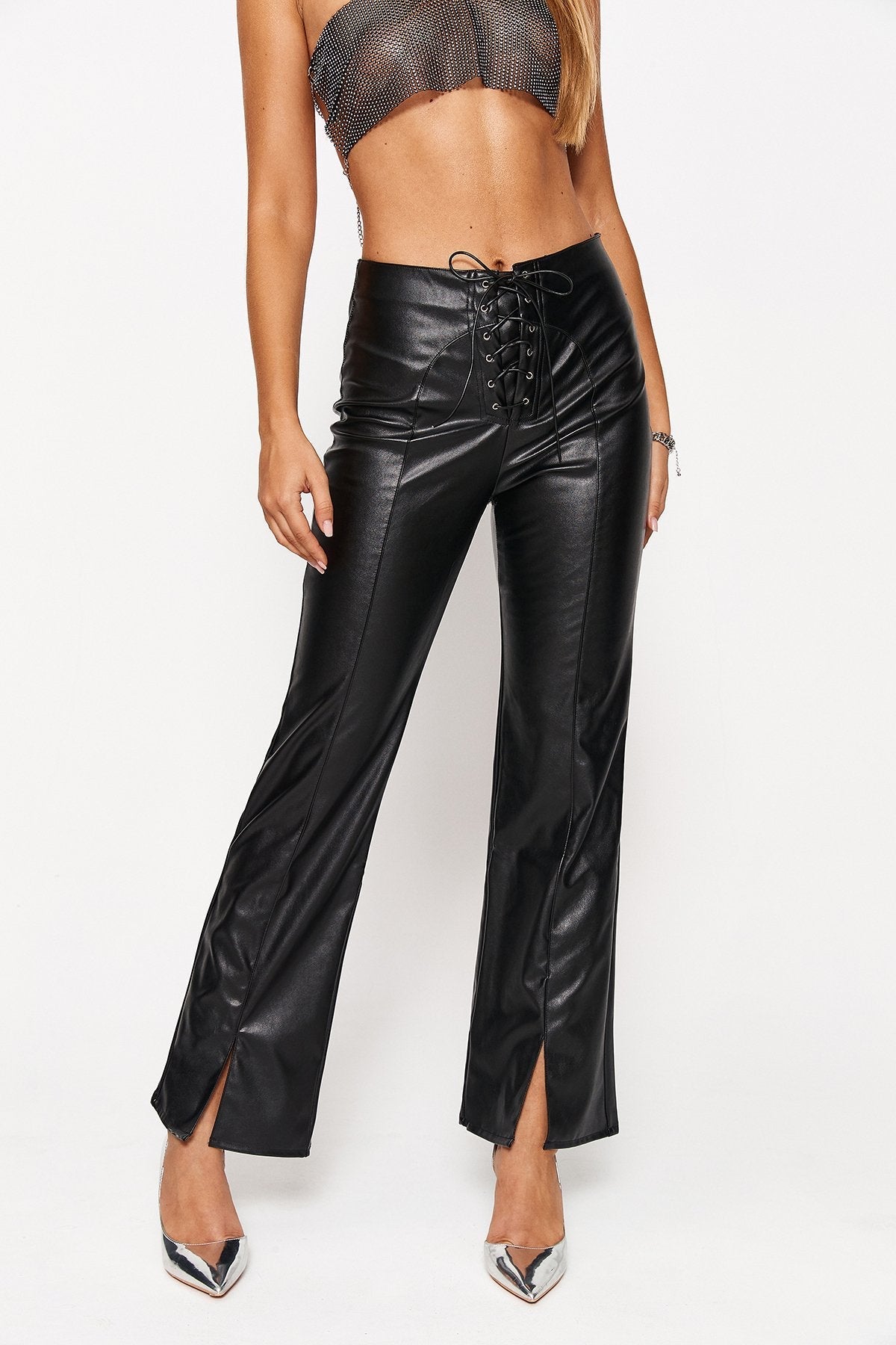Low Waist Lace Up Split Hem PU Leather Straight Pants