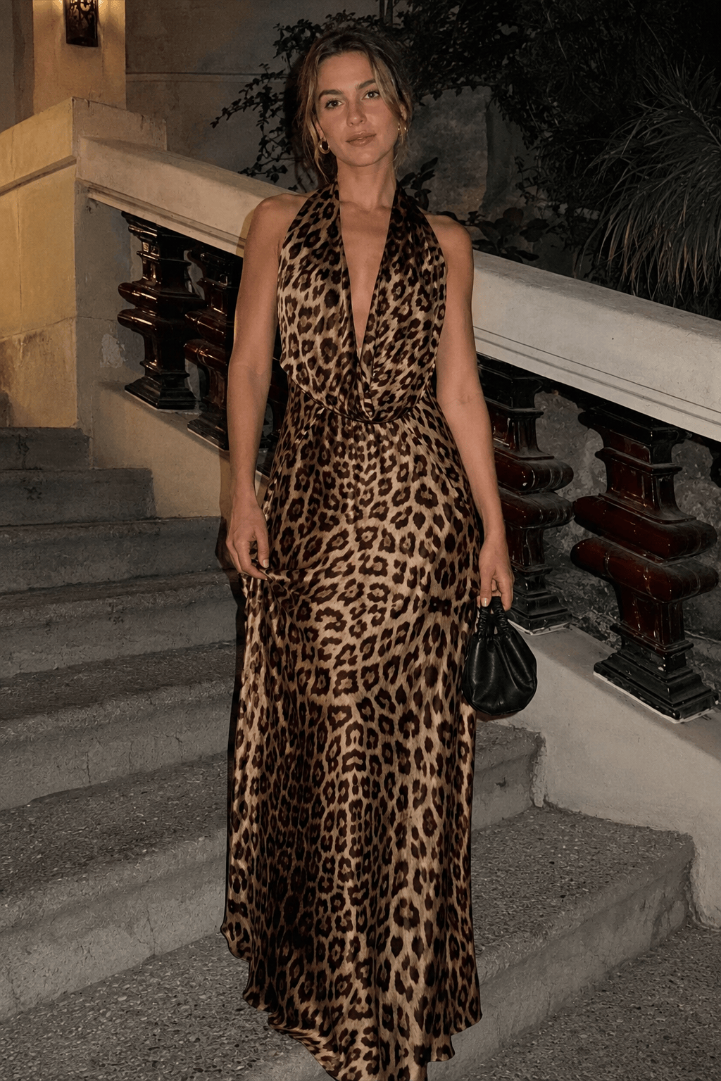 Halter Deep V Backless Leopard Print Tie Maxi Dress