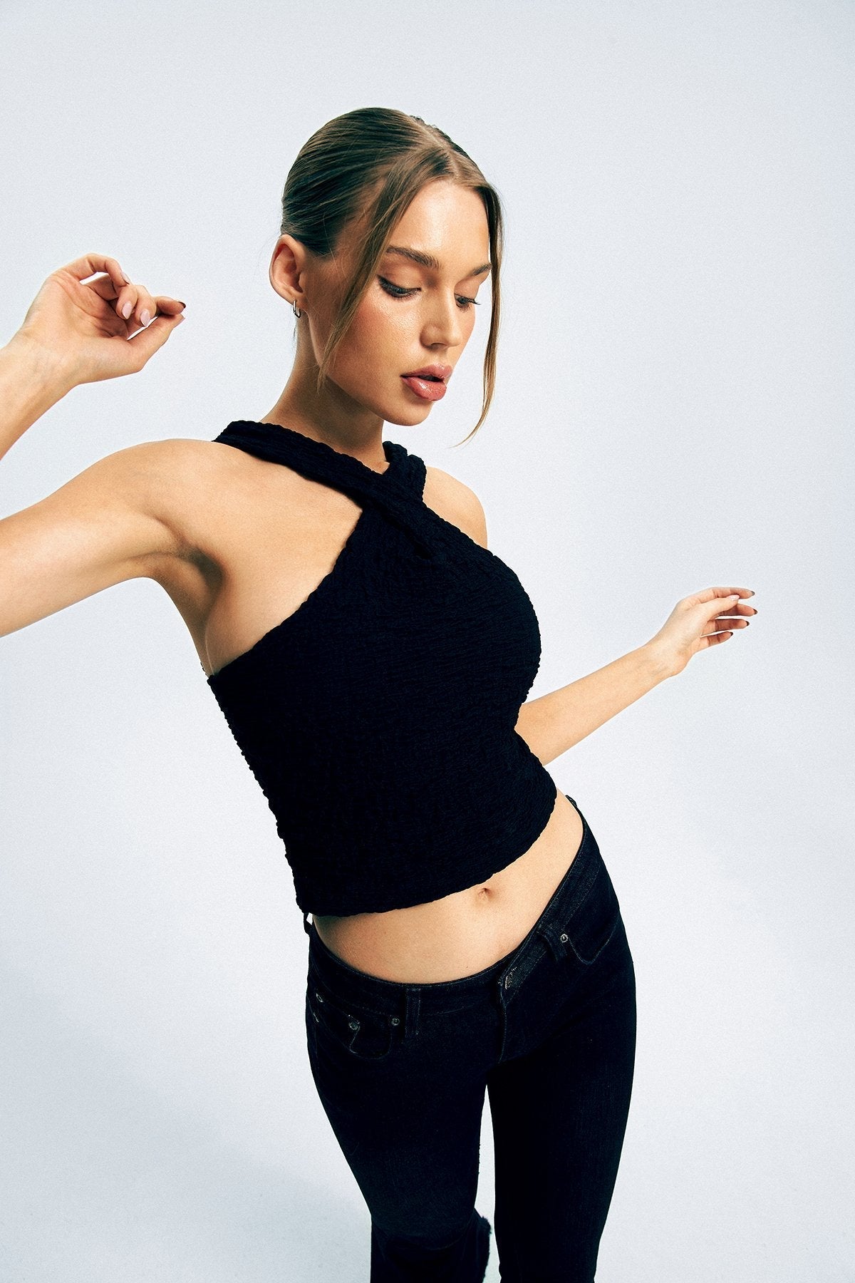 Cross Over Backless Texture Tank Top