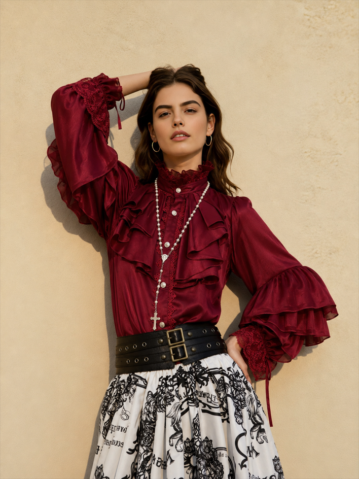 Dark Frill Batwing Sleeve Top