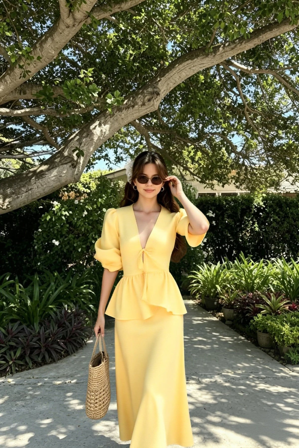 Solid Casual V-Neck Ruffle Short Sleeve Skirt Set