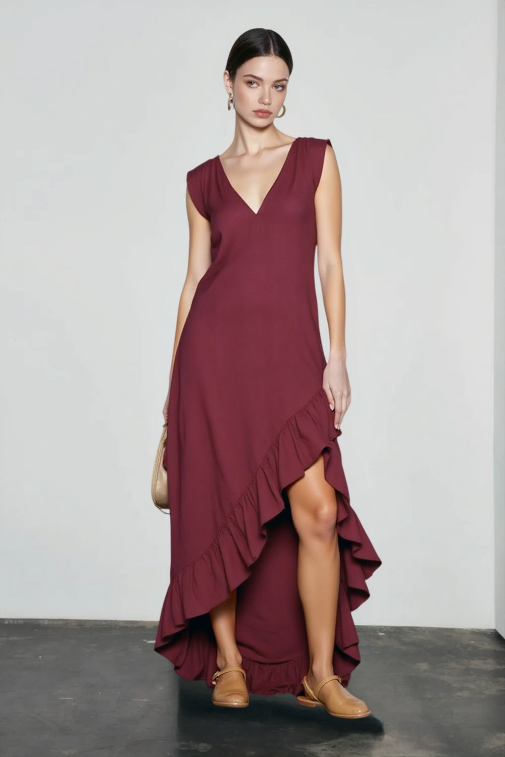 Romantic V Neck Ruffle Linen Vacation Dress