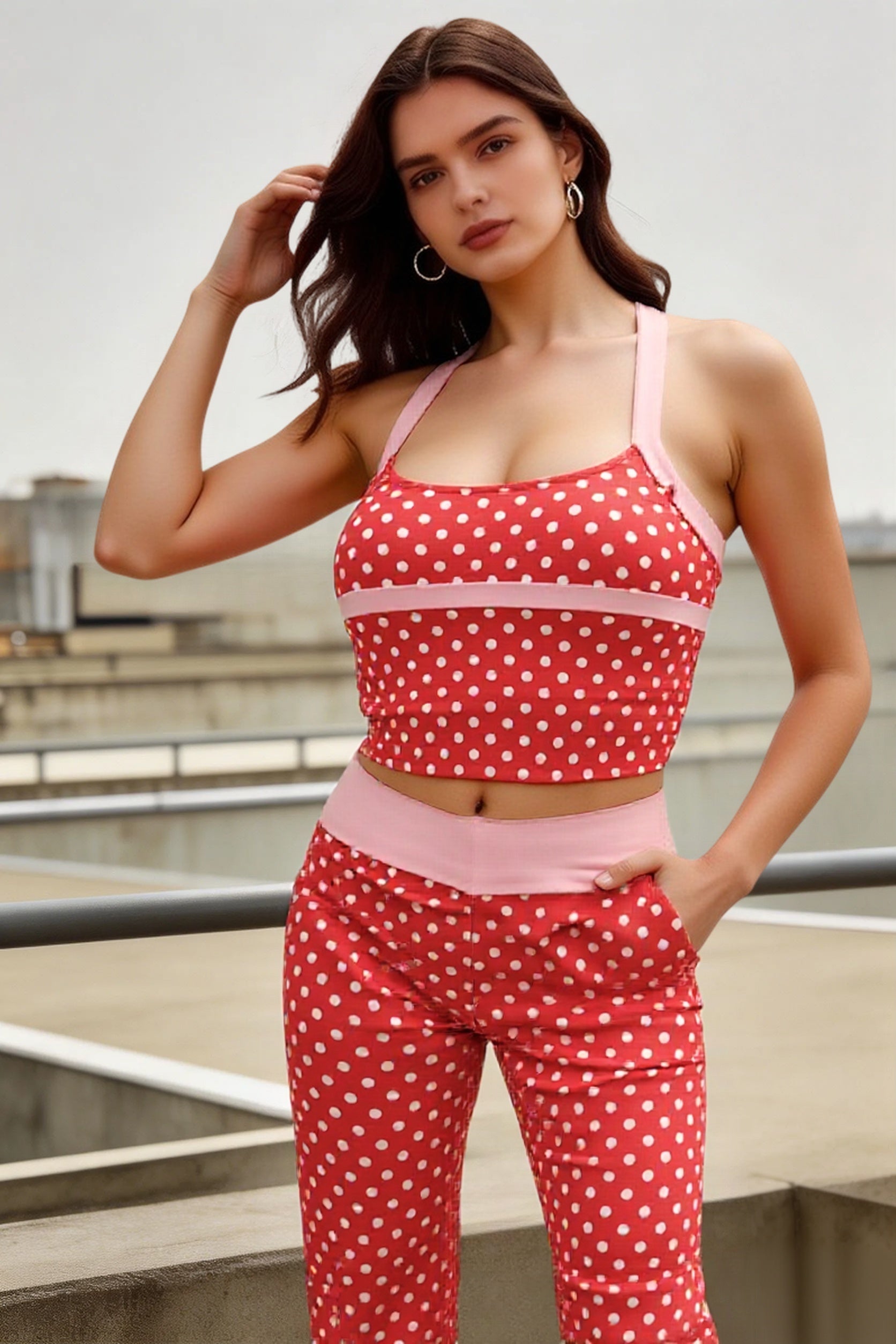 Contrast Polka Dot Sexy Tank Pants Two Piece Set