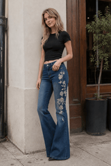 Vintage Gradient Rose Embroidery Bootcut Jeans