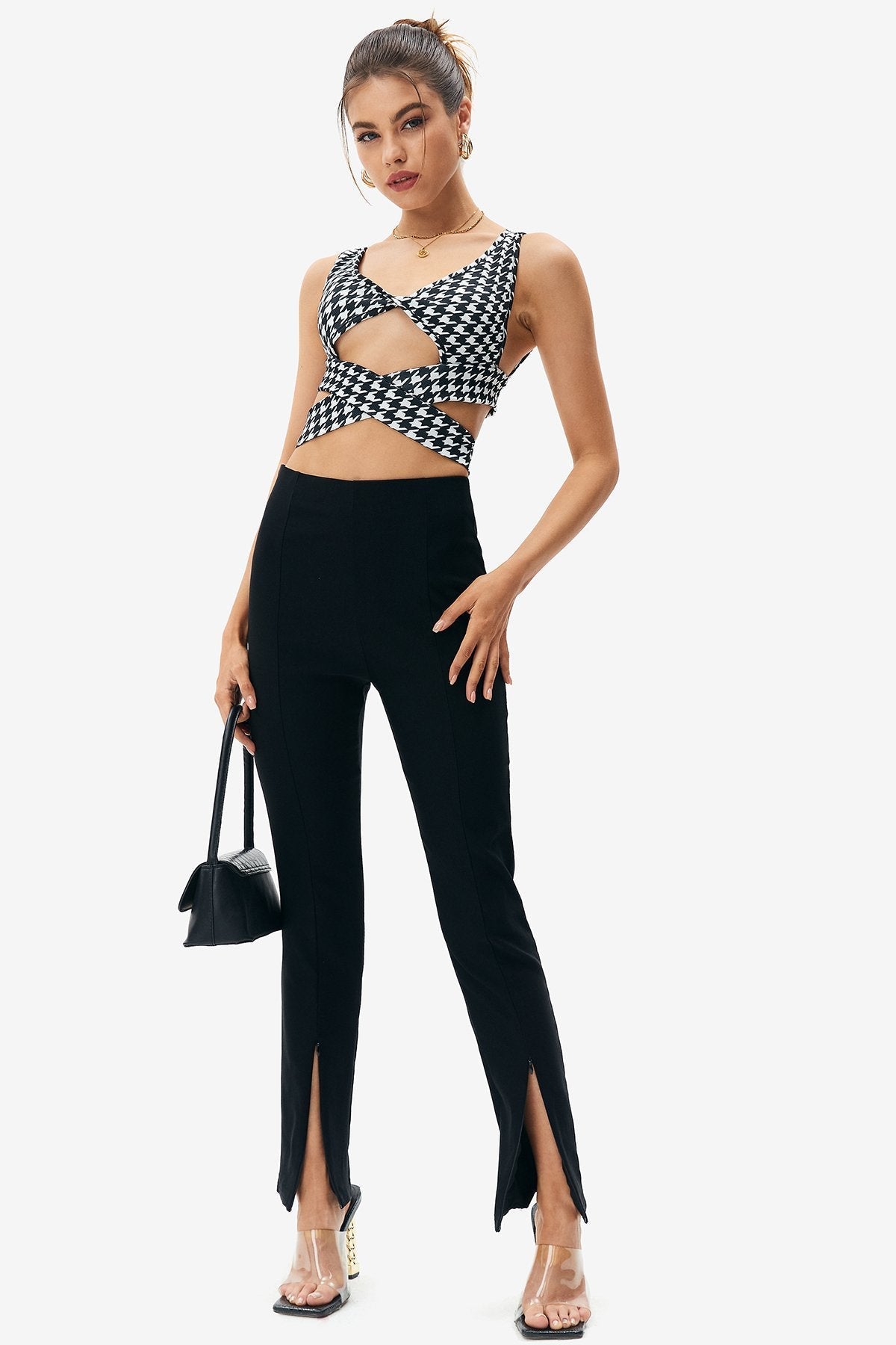 Solid Split Hem High Waisted Pants