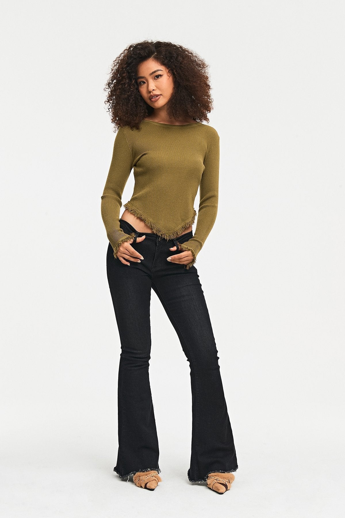 Ribbed Knit Asymmetrical Raw Hem Long Sleeve Sweater