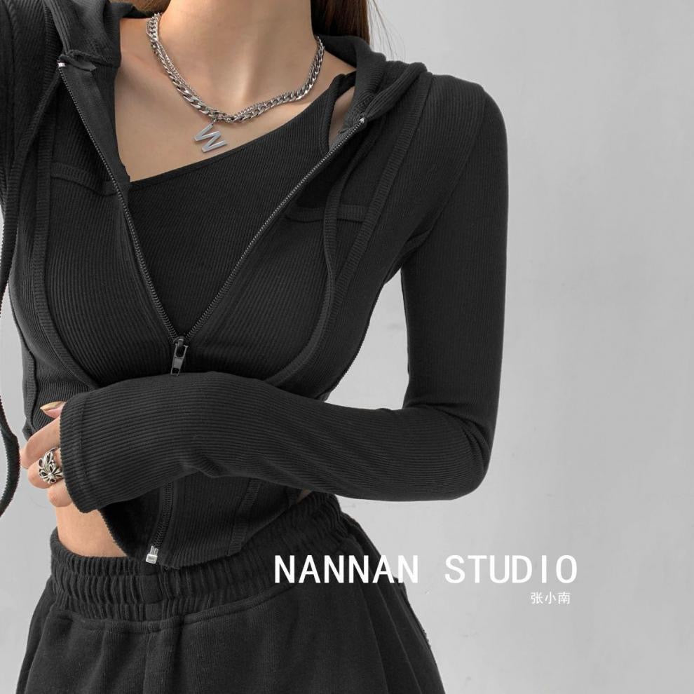 Rib Knit Hooded Zipper Long Sleeve Top