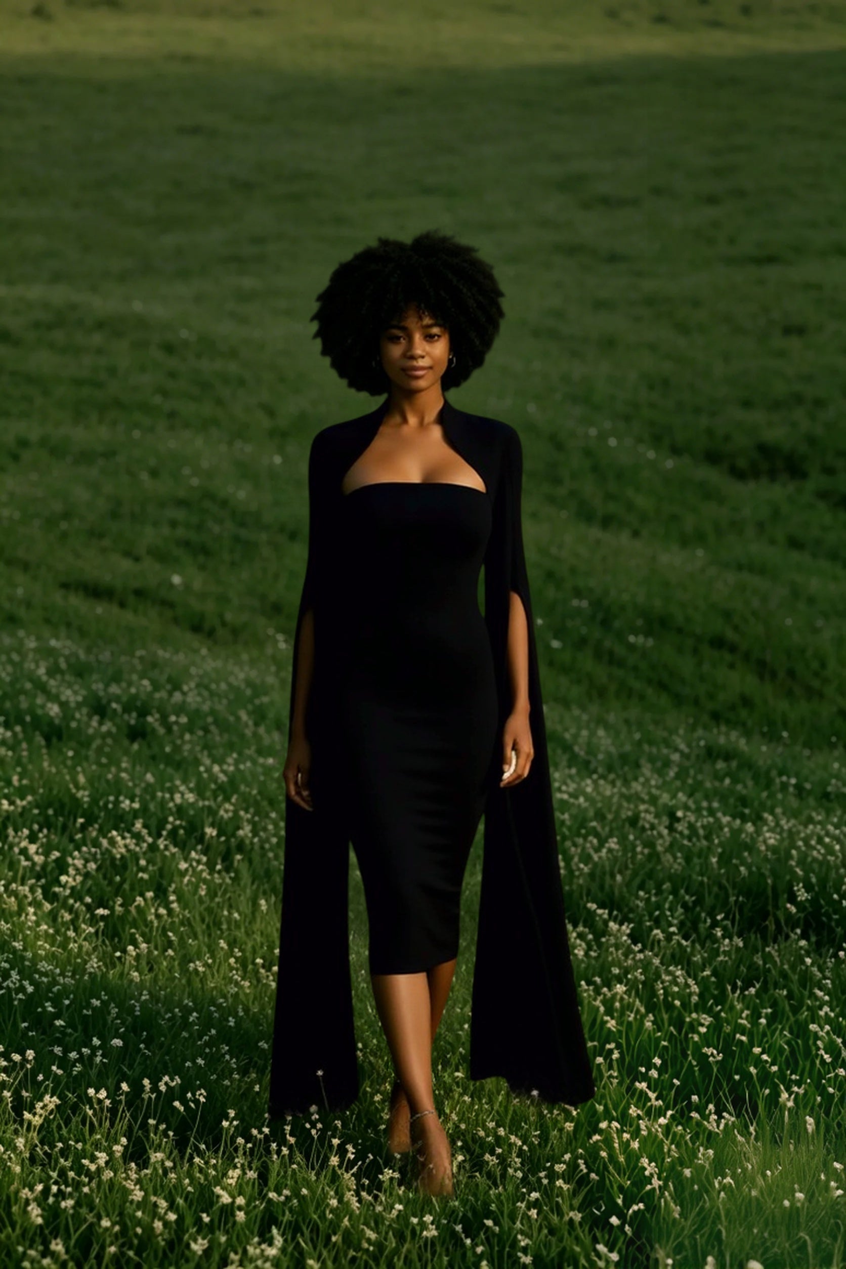 Cape Long Sleeve Back Slit Midi Dress