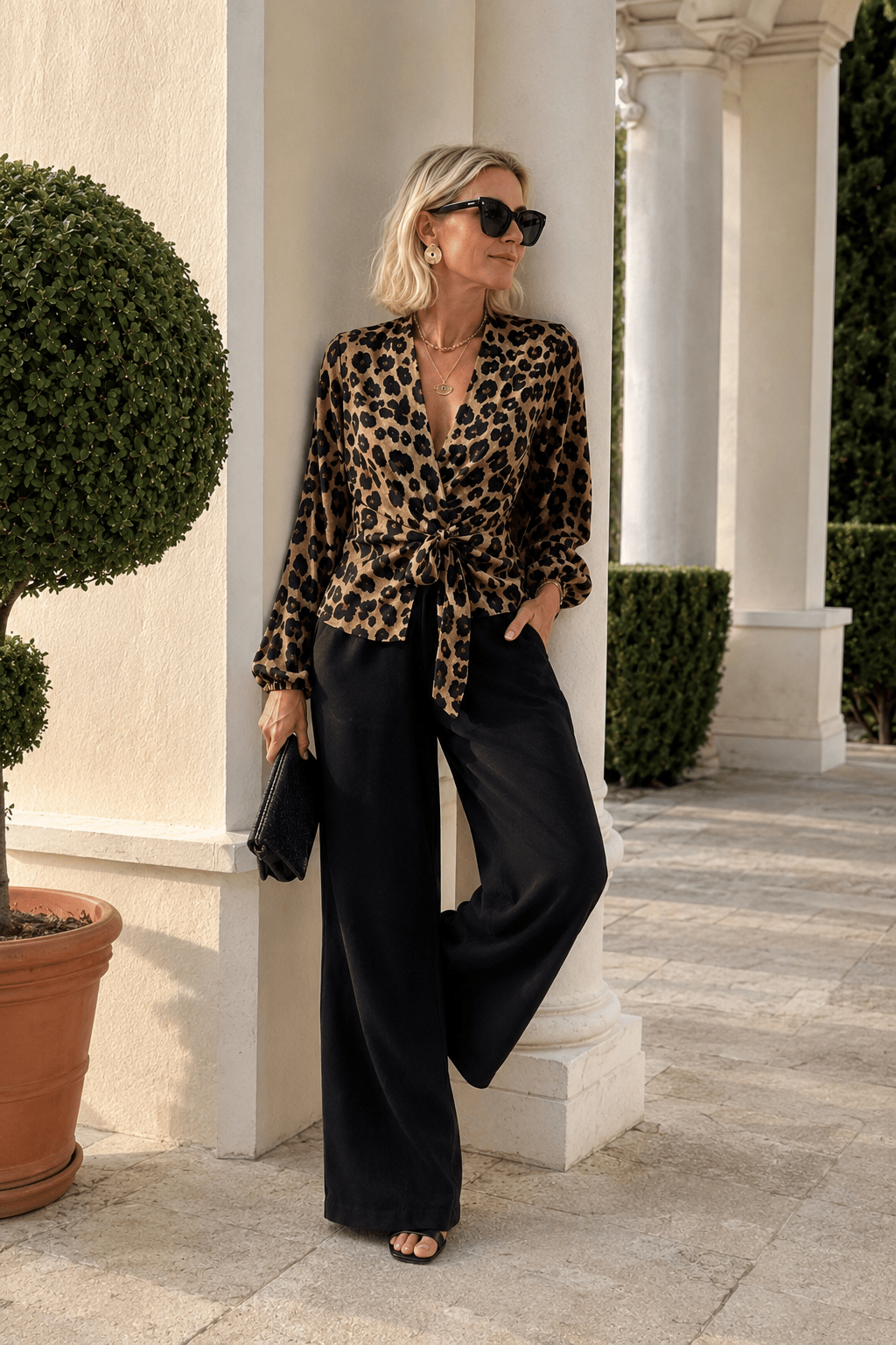Leopard Print V-Neck Tie Long Sleeve Blouse